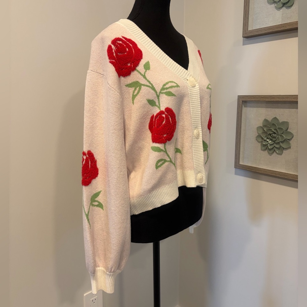 Soho & Stella Pink & Red Rose Embroidered Button Front Cardigan NWT! - Picture 3 of 9